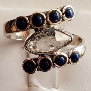 Genuine Herkimer Diamond & Lapis Lazuli By Pass Ring Size 9